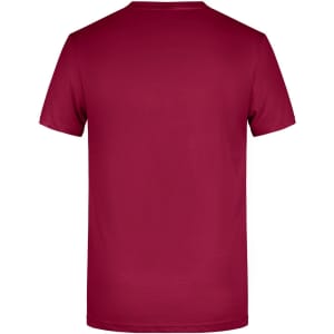 A red t-shirt viewed from the back, featuring a simple design and a small logo.