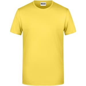 A plain yellow t-shirt with a round neckline and short sleeves, featuring a logo on the label.