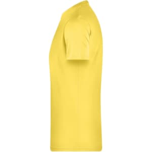 A yellow short-sleeve T-shirt with a fitted design, featuring a logo on the side.