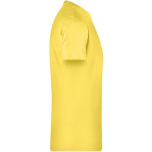 A yellow men's basic T-shirt with short sleeves and a fitted side profile. It features a logo.