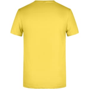 A yellow men's basic T-shirt with a plain back and a logo at the neck.