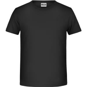 A black t-shirt with short sleeves and a classic crew neck. The shirt has a small logo on the tag.