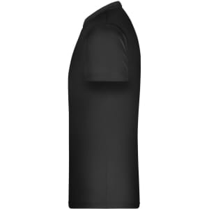 A black T-shirt featuring short sleeves and a sleek design. It has a logo on the front side.