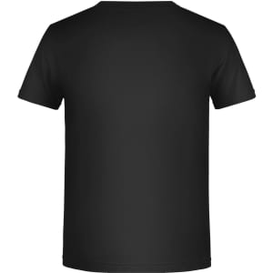 A plain black t-shirt with a round neckline and short sleeves, featuring a logo on the back.