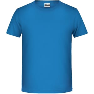 A blue short-sleeve T-shirt with a round neckline and a tag inside. It features a logo on the tag.