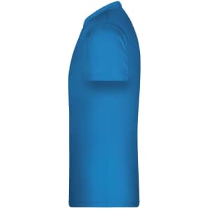 A blue t-shirt displayed side-on, featuring a simple design and a fitted silhouette. It has a logo on the fabric.