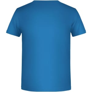 A blue T-shirt with a classic crew neck and short sleeves, featuring a logo on the back.