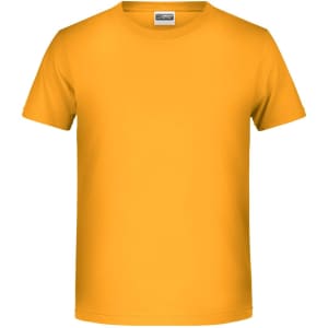 A bright yellow T-shirt with a classic crew neck design and short sleeves. It features a logo on the label.