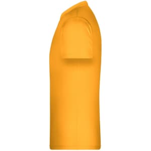 A side view of a plain yellow t-shirt with short sleeves. The shirt has a logo on it.