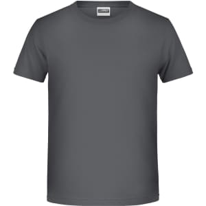 A grey basic t-shirt for boys with a crew neckline and short sleeves, featuring a brand logo.