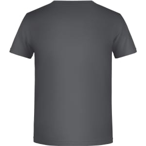 A grey basic T-shirt featuring a simple design and a logo on the back.