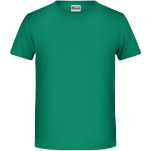 A green t-shirt with a round neckline and short sleeves. The shirt features a logo label.