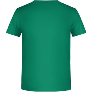 A plain green T-shirt with a crew neck and short sleeves, featuring no visible branding or logos.