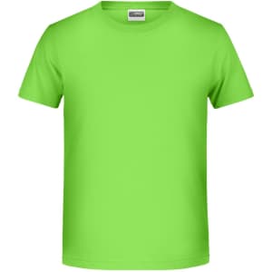 A bright green t-shirt with a crew neck and short sleeves. The shirt features a logo on the tag.