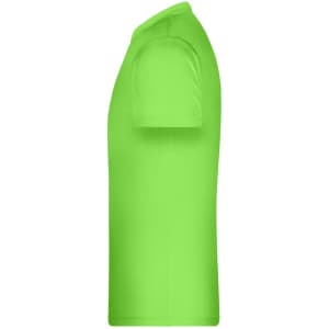 A side view of a bright green T-shirt with short sleeves, featuring a logo.