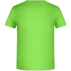 A bright green short-sleeved t-shirt featuring a plain back design with a logo.