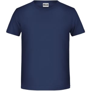 A navy blue T-shirt with a round neckline and short sleeves, featuring a logo on the label.