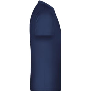 A navy basic T-shirt displayed from the side, featuring a simple design and a logo on the fabric.