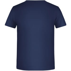 A navy blue T-shirt featuring a round neck and short sleeves. The back of the shirt is plain with a logo.