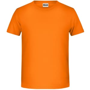 An orange T-shirt with short sleeves and a round neckline. The shirt features a logo on the label.