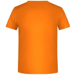 An orange short-sleeve T-shirt with a plain back, featuring a logo.
