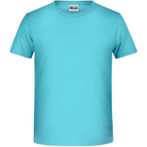 A turquoise T-shirt with a crew neck and short sleeves. It features a logo on the label.