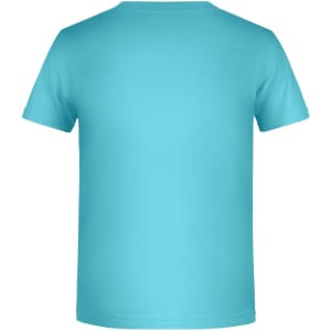 A turquoise t-shirt for boys with a round neck and short sleeves, featuring a logo on the back.