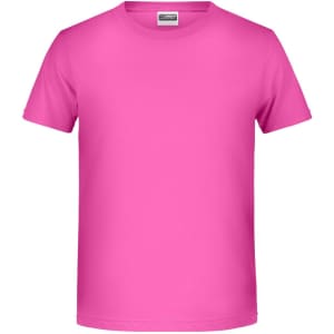 A bright pink T-shirt with short sleeves and a standard crew neckline, featuring a logo.