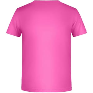 A pink T-shirt with a plain back and short sleeves, featuring a logo at the neckline.