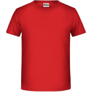 A red short-sleeved T-shirt with a plain design and a label at the neckline. It has a branding logo.