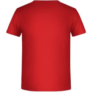 A bright red T-shirt with a classic crew neck and short sleeves, featuring a logo on the back.
