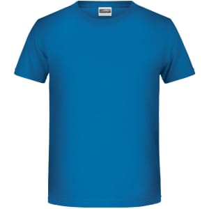 A blue short-sleeved T-shirt featuring a round neck and a branding logo on the label.