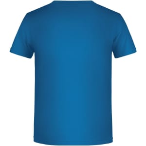A blue short-sleeve t-shirt with a plain back and no visible designs or logos.