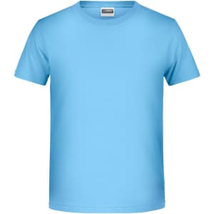 A light blue t-shirt with short sleeves and a round neckline, featuring a logo on the label.