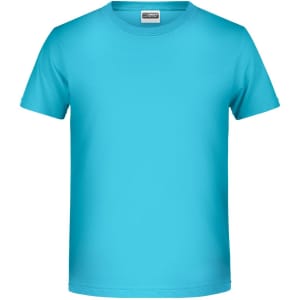 A light blue boys' basic T-shirt with a round neck and short sleeves. It features a logo on the label.