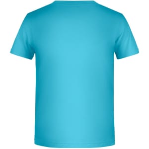 A plain turquoise T-shirt featuring a simple design and a logo on the label area.