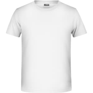 A plain white T-shirt with a round neck and short sleeves, featuring a branding logo.