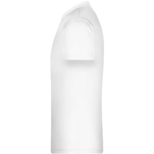A white short-sleeve T-shirt displayed from the side, featuring a smooth fabric texture and a logo.