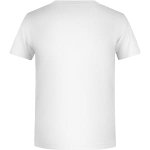 A plain white T-shirt with a standard crew neck and short sleeves. The shirt features a logo on the back.