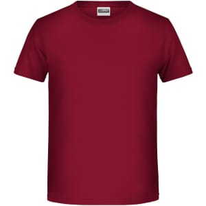 A plain maroon T-shirt with a crew neck and short sleeves, featuring a logo on the label.