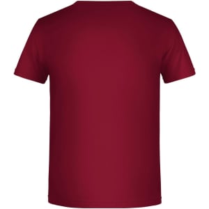 A maroon T-shirt with short sleeves and a round neckline. The shirt features a logo on the back.