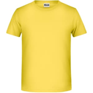 A yellow short-sleeved T-shirt featuring a logo on the chest. Suitable for casual wear.