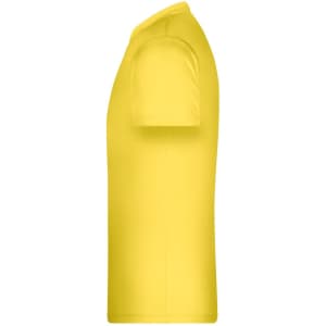 A yellow T-shirt featuring a round neckline and short sleeves, with a logo on the side.