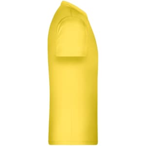 A yellow short-sleeved t-shirt in profile view, featuring a branding logo on the side.