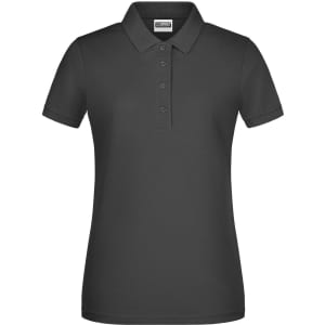 A dark grey ladies' polo shirt featuring a collar and three buttons, with a logo on the chest.