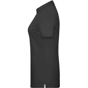 A black ladies basic polo shirt with a classic collar and short sleeves, featuring a logo.