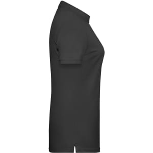 A black ladies' basic polo shirt displayed from the side, featuring a collar and short sleeves. It has a logo.