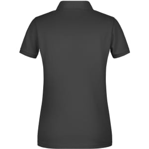 A black ladies basic polo shirt with a classic short-sleeve design and a collar. It features a logo on the back.