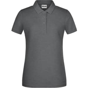 A ladies' basic polo shirt in grey with a classic collar and button placket. It features a logo on the chest.