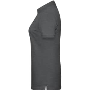 A grey ladies basic polo shirt displayed from the side, featuring a collar and short sleeves. It includes a small logo.